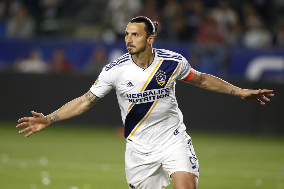 Zlatan Ibrahimovic celebrates his second goal against the Portland Timbers during the second half at Dignity Health Sports Park on March 31 in Carson.