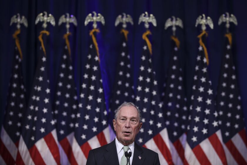 Newly announced Democratic presidential candidate, former New York Mayor Michael Bloomberg speaks during a press conference to discuss his presidential run on November 25, 2019 in Norfolk, Virginia. The 77-year old Bloomberg joins an already crowded Democratic field and is presenting himself as a moderate and pragmatic option in contrast to the current Democratic Party's increasingly leftward tilt. In recent years, Bloomberg has used some of his vast personal fortune to push for stronger gun safety laws and action on climate change.