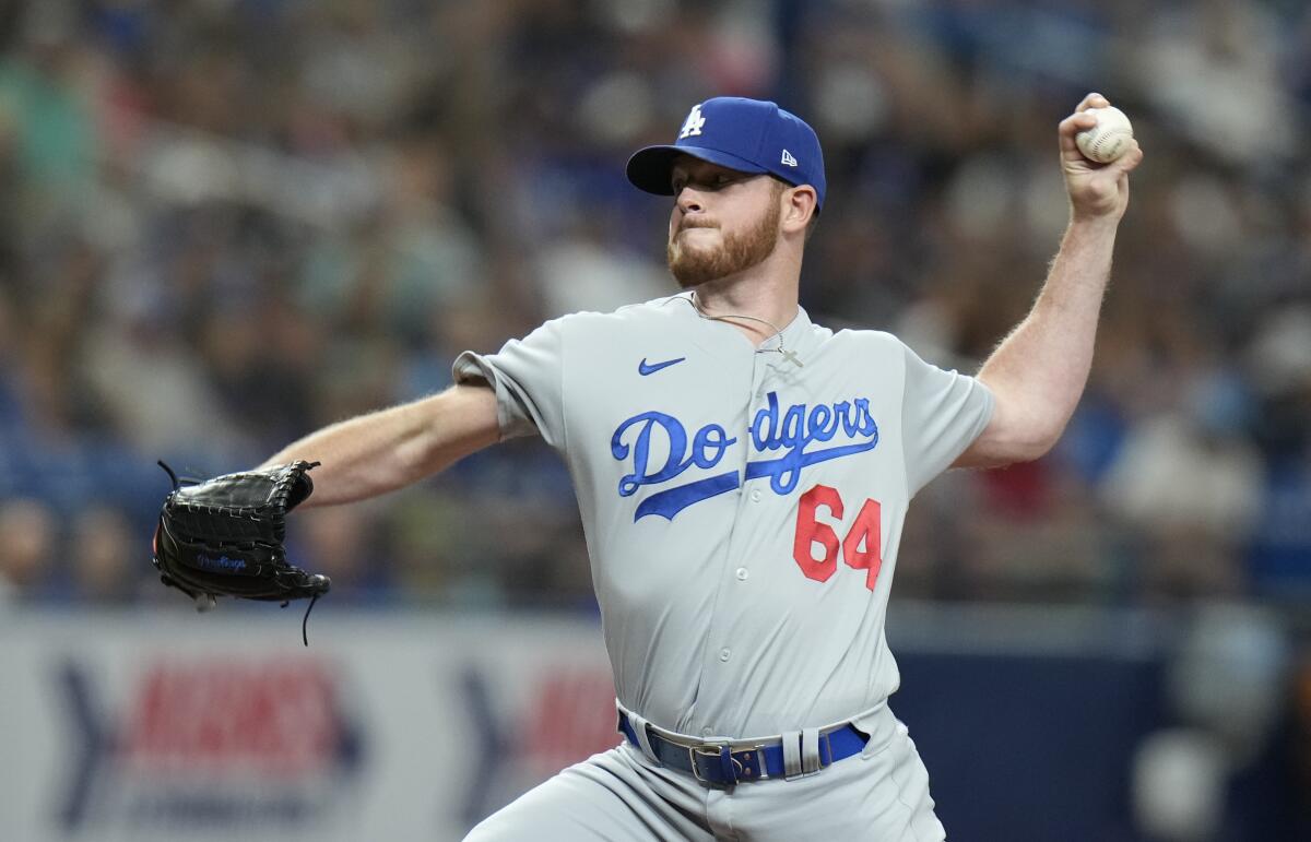 Dodgers relief pitcher Caleb Ferguson works against the Tampa Bay Rays on May 27, 2023, in St. Petersburg, Fla.