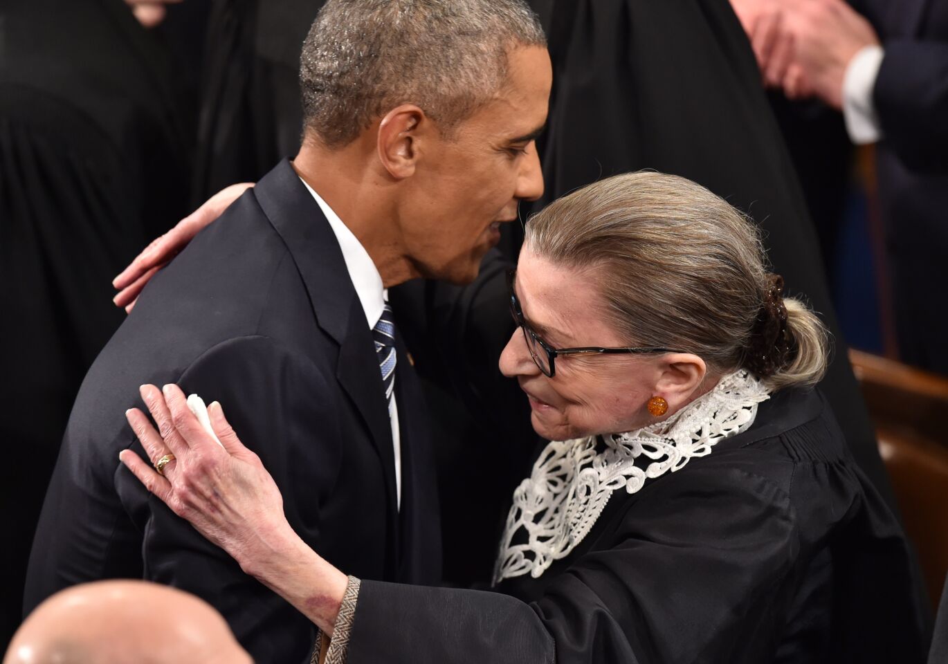 President Obama hugs Justice Ruth Bader Ginsburg