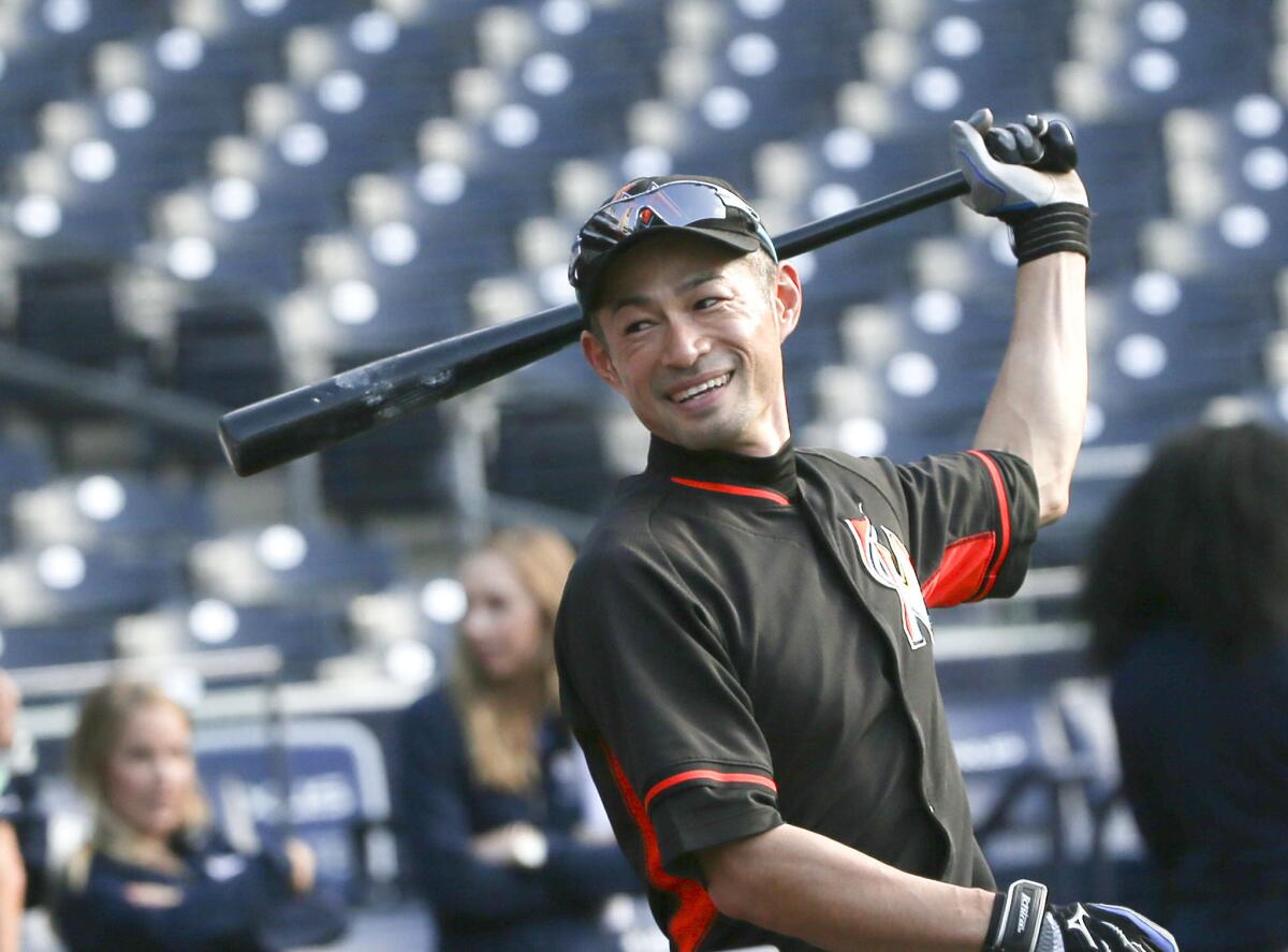 Miami's Ichiro Suzuki takes batting practice prior to a game against San Diego on Tuesday.