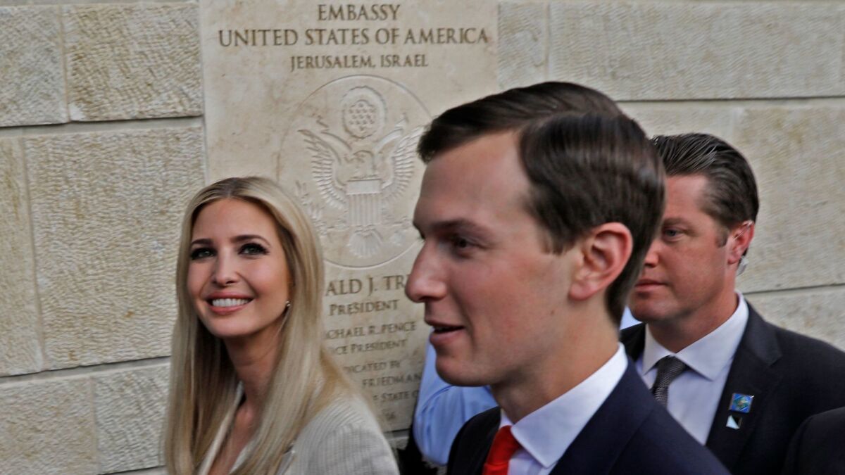 Ivanka Trump and her husband, Jared Kushner, at the opening of the U.S. Embassy in Jerusalem in May. President Trump named Kushner to forge a peace agreement between Israel and the Palestinians.