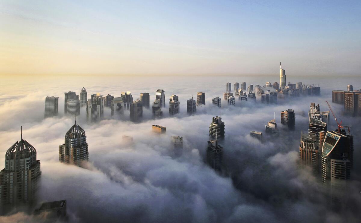 An aerial view of the tops of skyscrapers showing above dense fog.