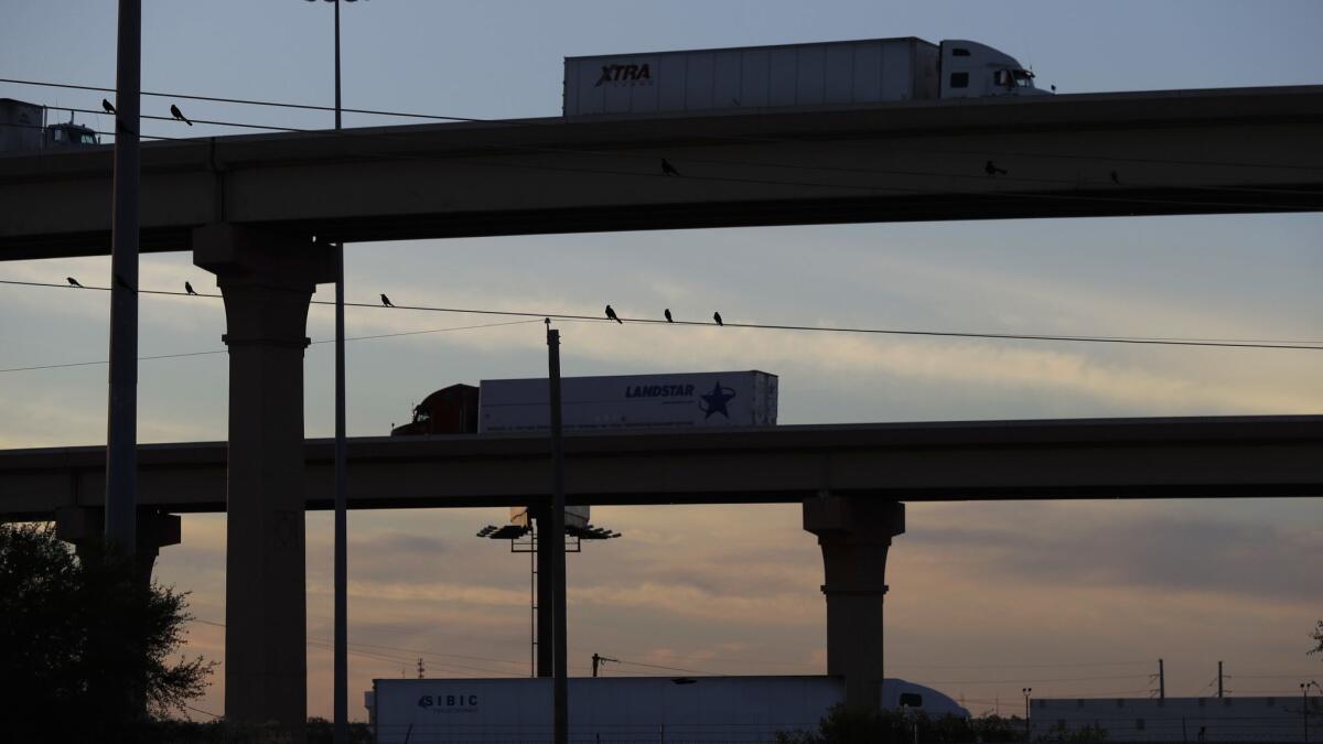 An overpass carries trucks to and from the World Trade Bridge in Laredo, Texas. That bridge and Colombia Solidarity Bridge carry about 12,000 trucks across the border each day.