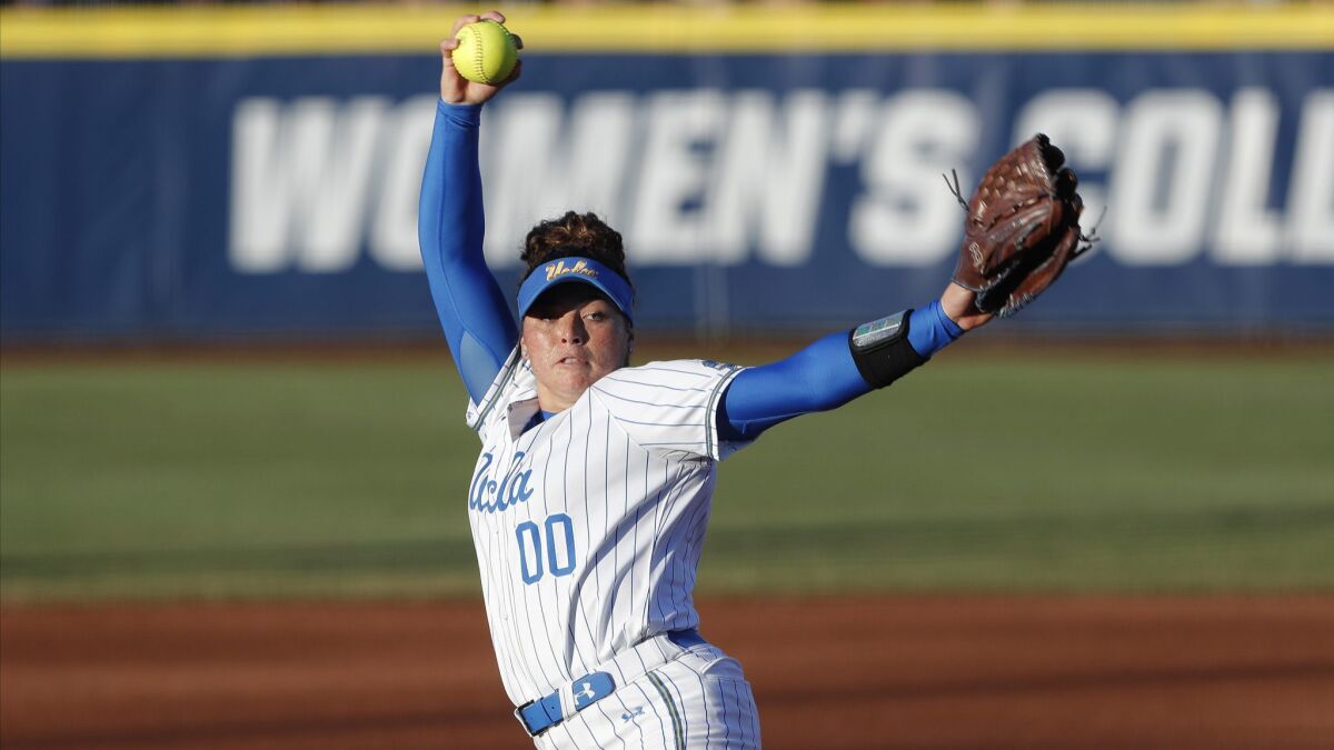 UCLA pitcher Rachel Garcia pitches against Oklahoma during the first inning of Game 2 of the best-of-three championship series in the Women's College World Series in Oklahoma City on Tuesday.