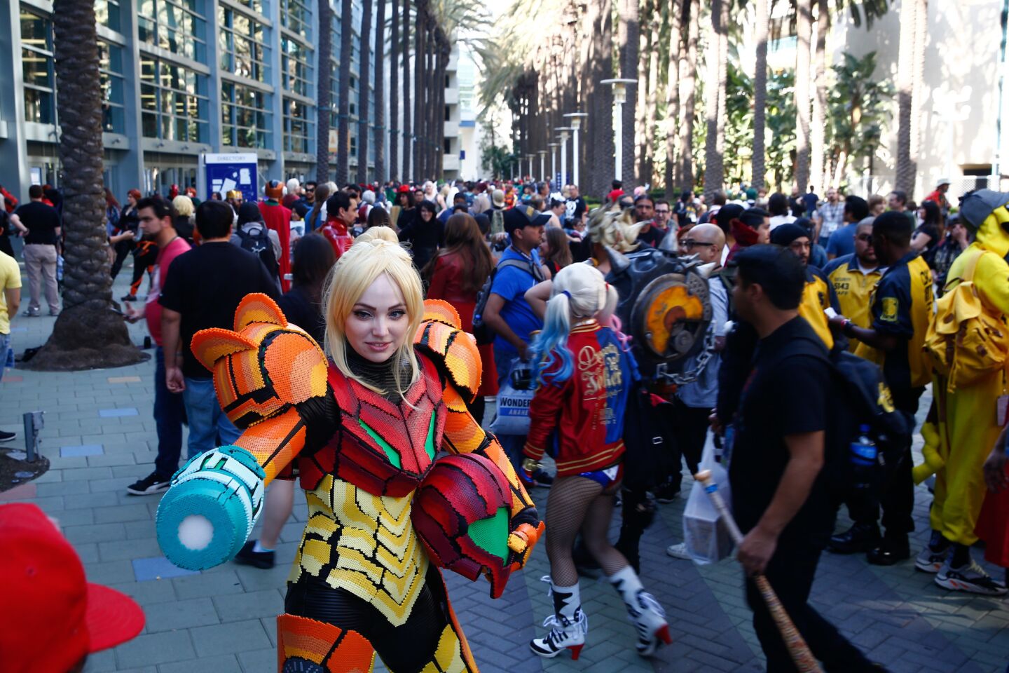 Amy Spence poses while dressed as Samus Aran from the video game series “Metroid.”