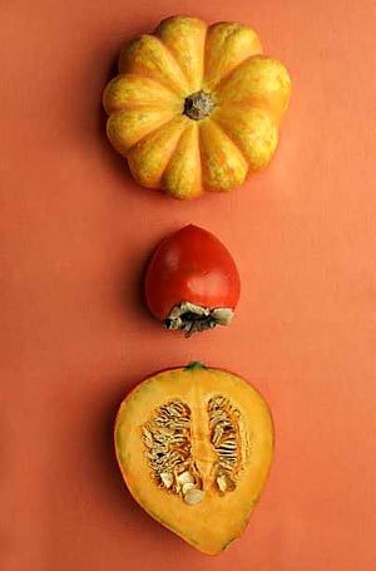 Squash, such as sweet dumpling, top, and red kuri, bottom, can be roasted, puréed or steamed. Hachiya persimmons, middle, make a quick dessert.