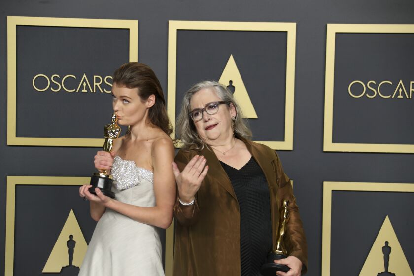 HOLLYWOOD, CA – February 9, 2020: Elena Andreicheva and Carol Dysinger winner of the documentary short Oscar for “Learning To Skateboard In A Warzone (If You're A Girl)”in the Photo Room at the 92nd Academy Awards on Sunday, February 9, 2020 at the Dolby Theatre at Hollywood & Highland Center in Hollywood, CA. (Allen J. Schaben / Los Angeles Times)