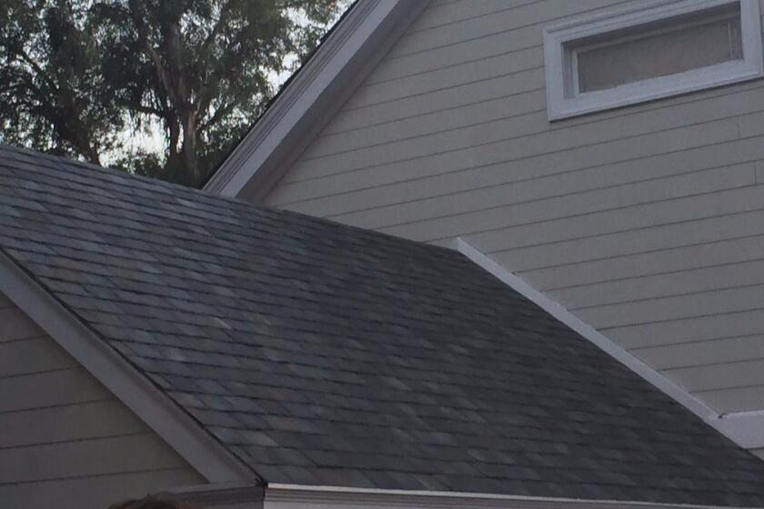 One style of the line of solar tile roofs that Tesla and SolarCity plan to manufacture, shown on a "Desperate Housewives" home at Universal Studios Hollywood.