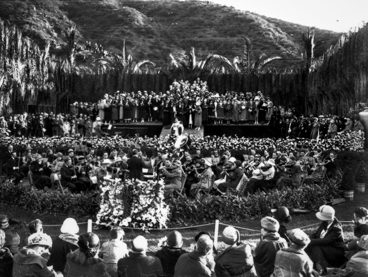 April 12, 1925: Easter Sunrise Service at the Hollywood Bowl with the orchestra and choir led by Alice Gentle.