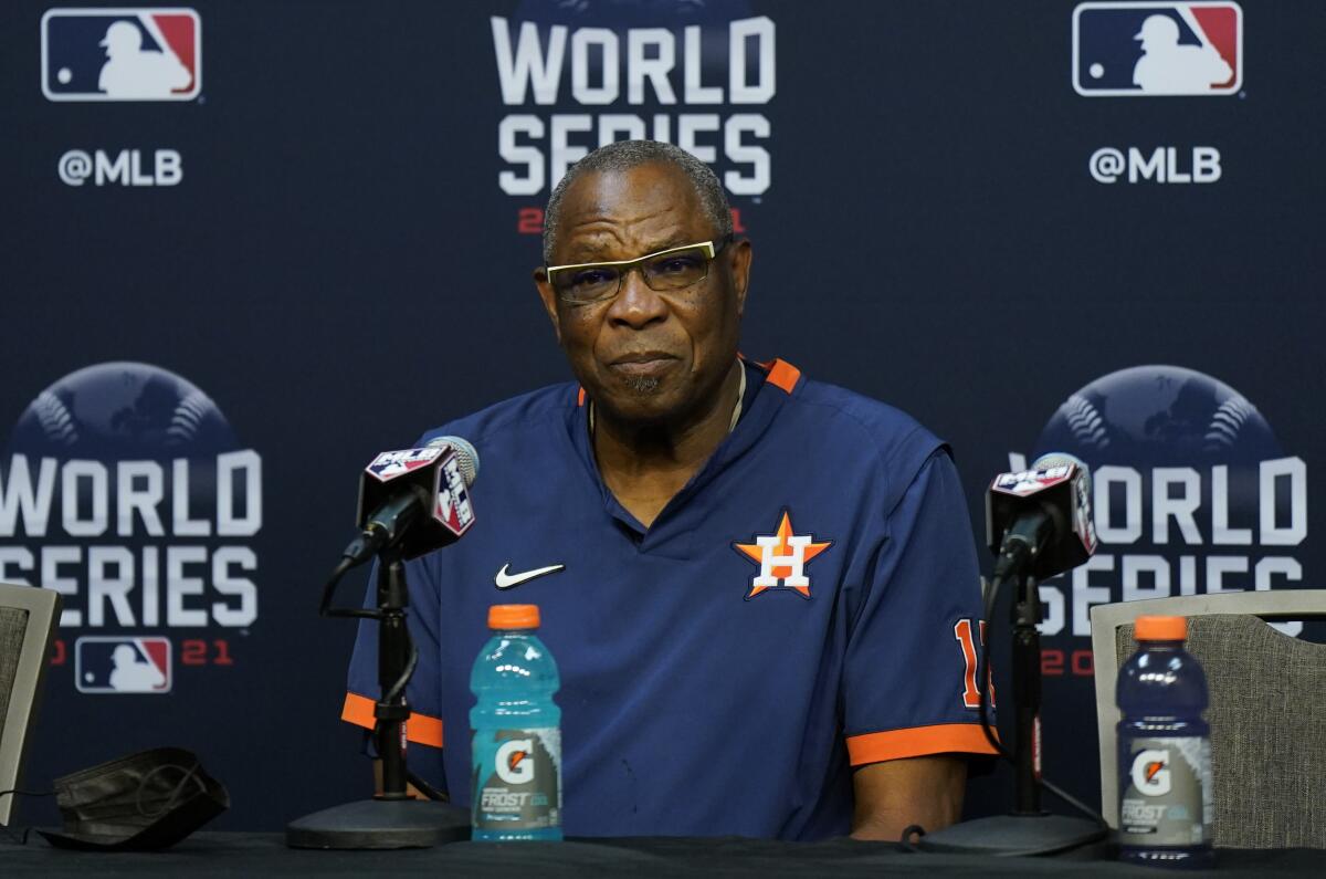 Houston Astros manager Dusty Baker listens to a question during a news conference Monday.