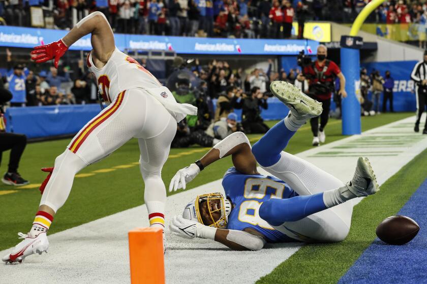 Inglewood, CA, Thursday, December 16, 2021 - Los Angeles Chargers tight end Donald Parham (89) loses control of the ball as he falls to the turf in the end zone against the Chiefs at SoFi Stadium. (Robert Gauthier/Los Angeles Times)