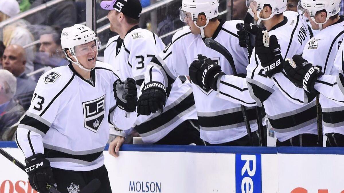 Kings forward Tyler Toffoli celebrates with his teammates after scoring a goal against the Maple Leafs during the second period of a game on Nov.8.