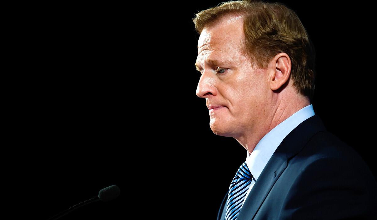 NFL Commissioner Roger Goodell listens to a question from a reporter during his news conference Friday in New York.