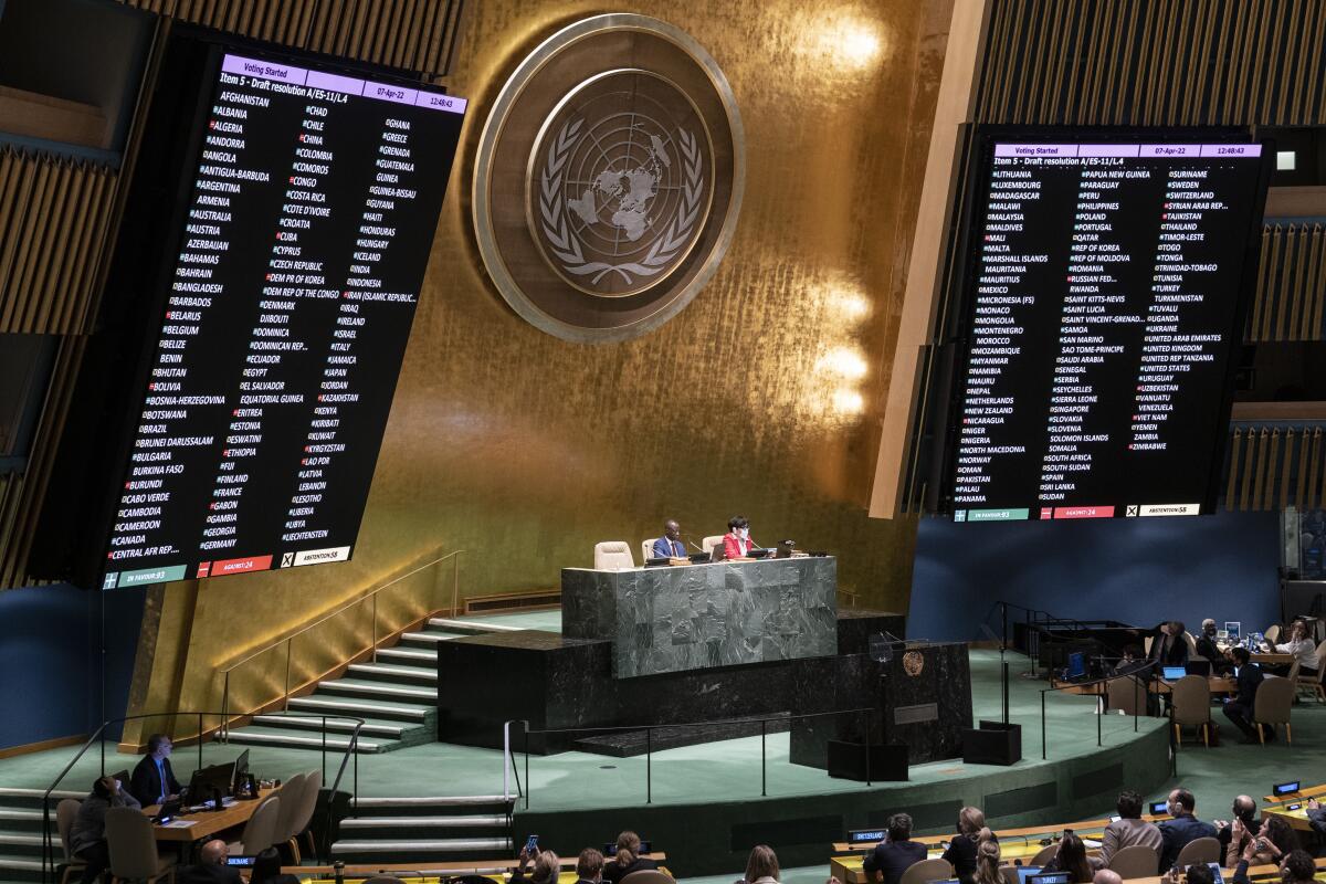 Una votación se lleva a cabo sobre una resolución durante una reunión de la Asamblea General 