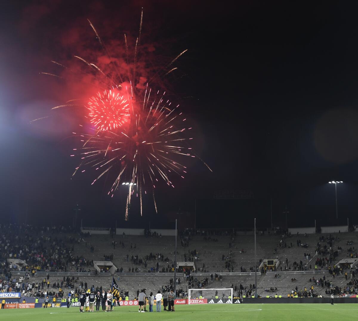 Fireworks explode over the Rose Bowl in 2023 after a soccer match.
