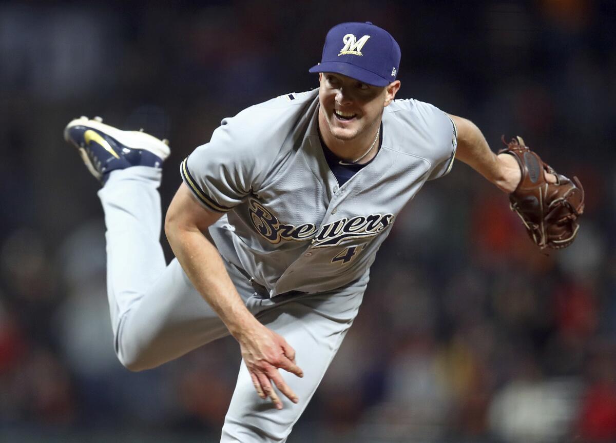 Milwaukee Brewers pitcher Corey Knebel works against the San Francisco Giants.