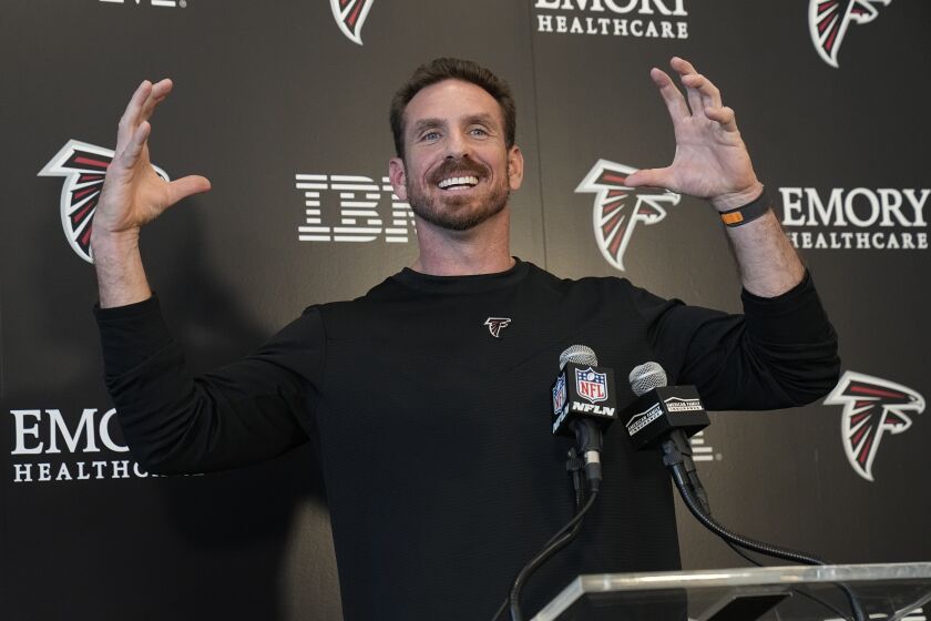 Newly hired Atlanta Falcons Defensive Coordinator Ryan Nielsen speaks during a news conference, Monday, Feb. 6, 2023, in Flowery Branch, Ga. (AP Photo/John Bazemore)
