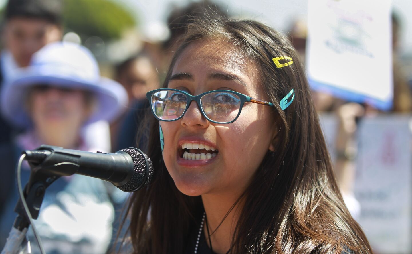 Senior Vanessa Cascante, 17, who is the president of the Mission Bay High School Eco Club, speaks during a rally at the Kendall-Frost Marsh Preserve to demand action on the climate crisis after the students walked out if classes to participate in the Global Climate Strike in Pacific Beach on Friday, September 20, 2019 in San Diego, California.