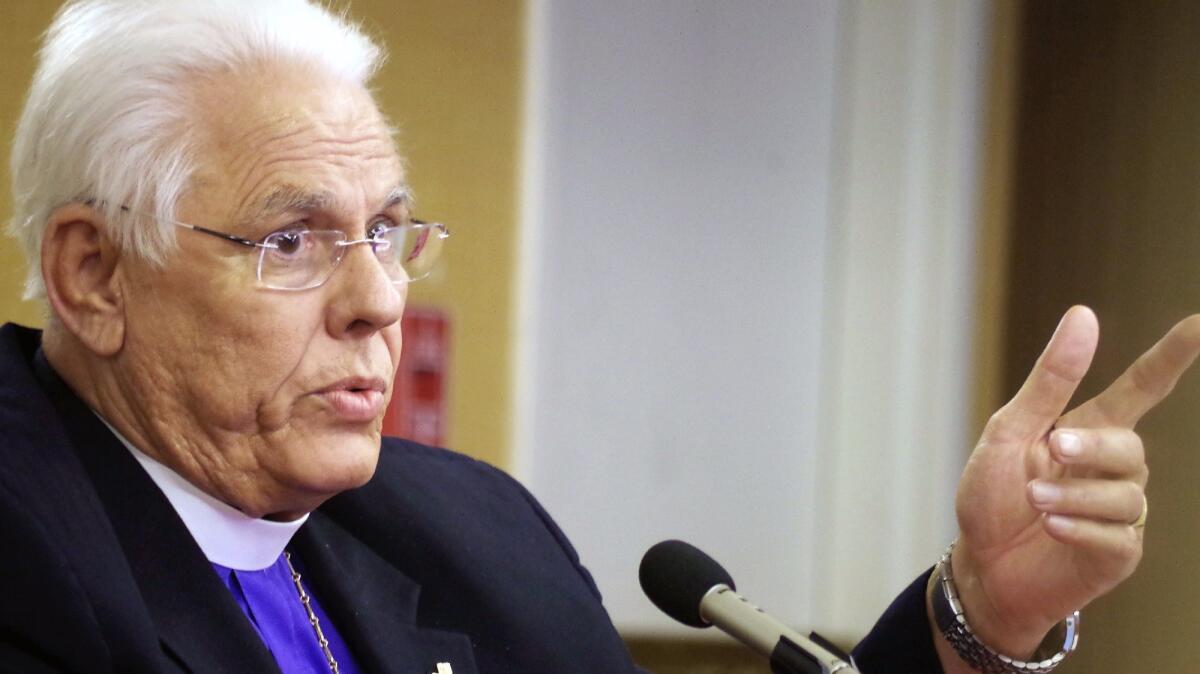 The Right Rev. J. Jon Bruno, bishop of the Episcopal Diocese of Los Angeles, testifies during his misconduct hearing in March.