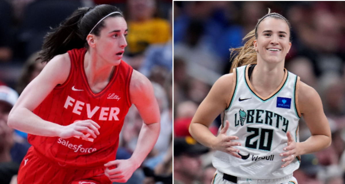 Caitlin Clark, left, and Sabrina Ionescu are shown in a split-screen image