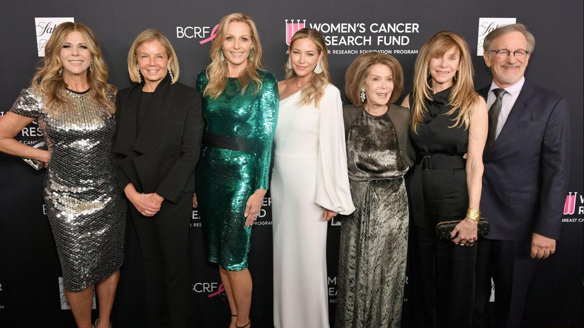 Honorary chair Rita Wilson, from left, WCRF co-founders Kelly Chapman Meyer, Jamie Tisch, Quinn Ezralow and Marion Laurie, Kate Capshaw and Steven Spielberg at WCRF's An Unforgettable Evening gala.