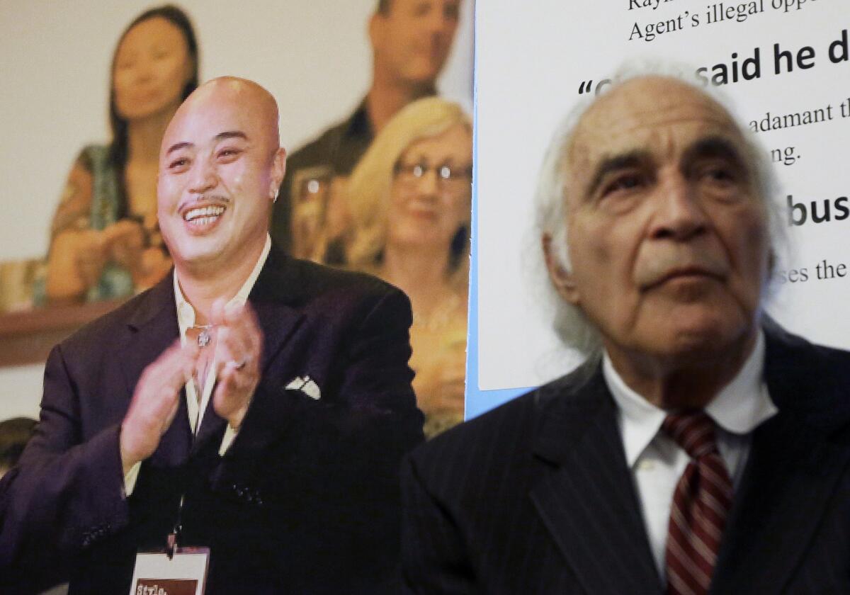 Raymond "Shrimp Boy" Chow, depicted at left, pleaded not guilty Tuesday to money laundering and other federal charges in San Francisco. At right is his attorney, J. Tony Serra.