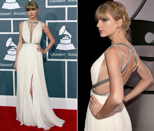 The always well-behaved Taylor Swift played the goddess in a strappy chiffon pleated gown with metallic embroidered straps by J. Mendel with cutouts over the waist.