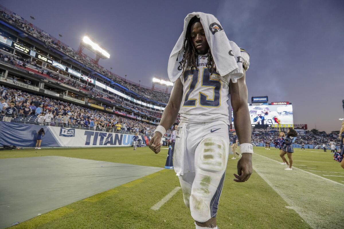 Chargers running back Melvin Gordon walks off the field.