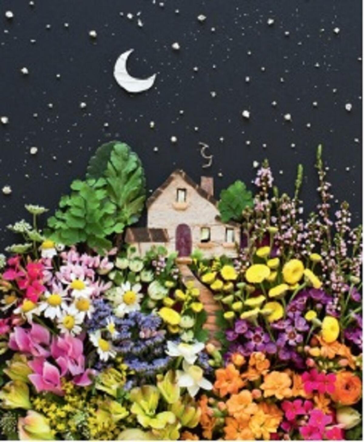 Vicki Rawlins creates floral artworks and collages of people, scenery and other images made of foliage.