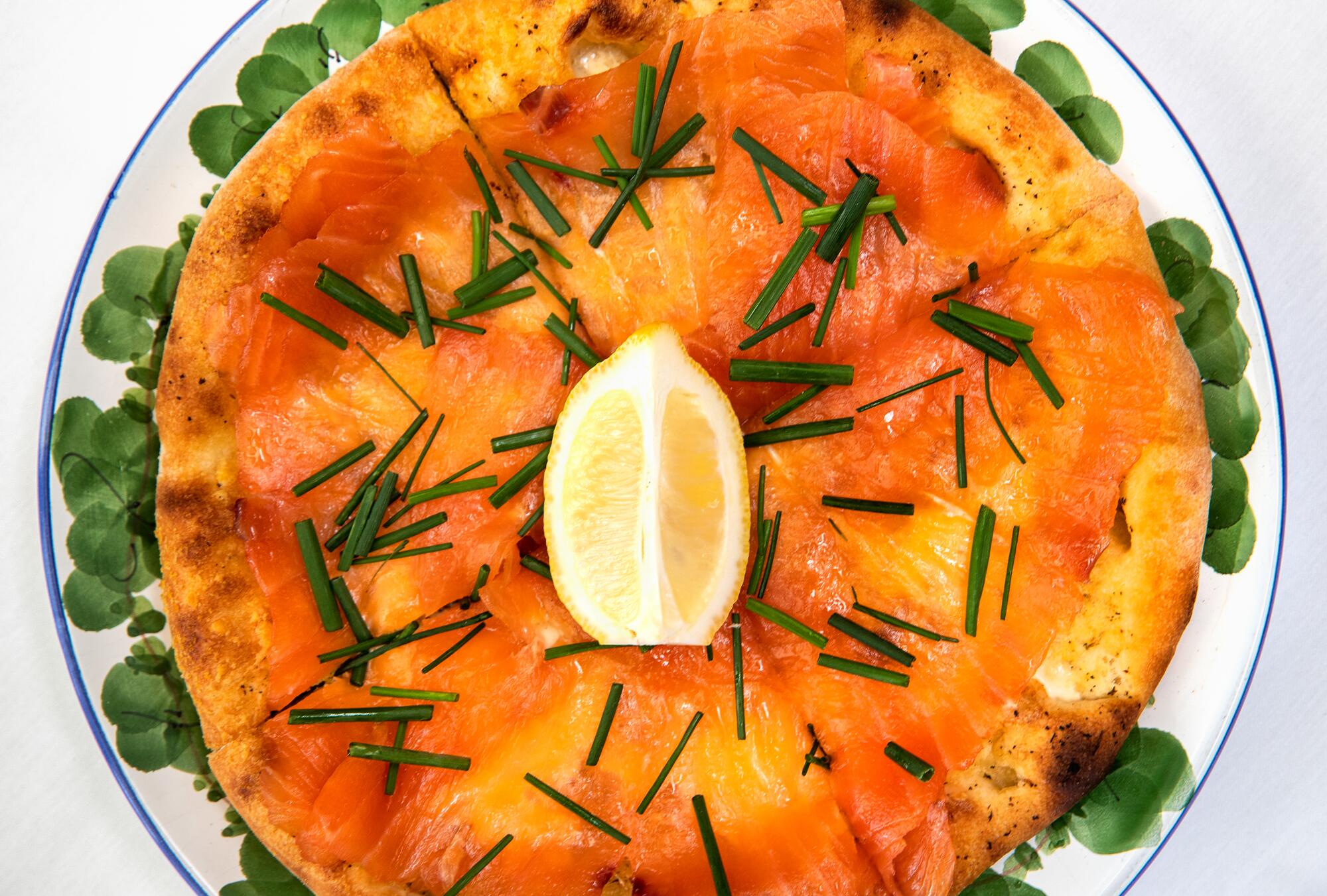 Smoked salmon and creme fraiche pizza. But is it better than Wolfgang Puck's?