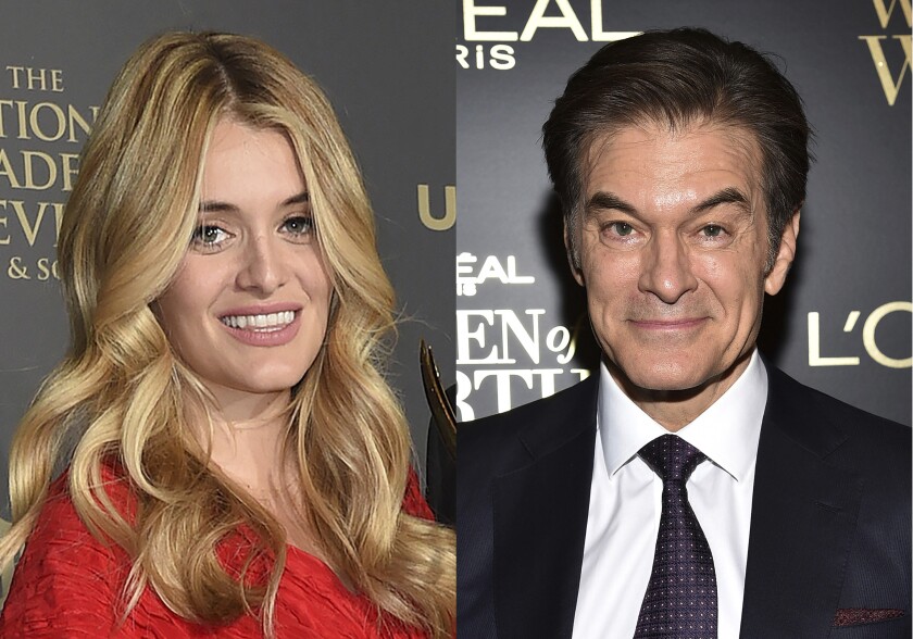 This combination of photos shows Daphne Oz at the 44th annual Daytime Emmy Awards in Pasadena, Calif., on April 30, 2017, left, and Dr. Mehmet Oz appears at the 14th annual L'Oreal Paris Women of Worth Gala in New York on Dec. 4, 2019. Dr. Oz, the cardiac surgeon and U.S. Senate candidate, will end his syndicated talk show next month, and producers will replace it with a cooking show featuring his daughter. (AP Photo)