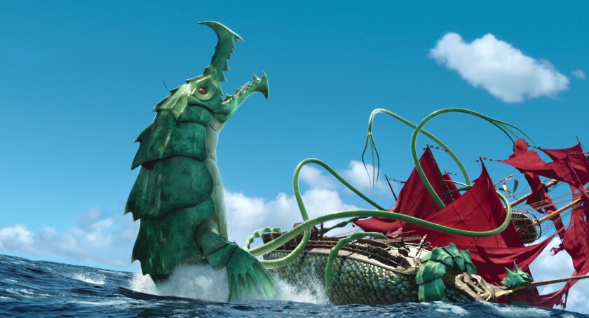 A giant green monster with a hard shell and tentacles attacks a wooden ship in the animated "The Sea Beast."