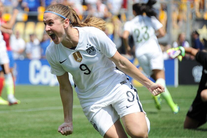 U.S. midfielder Heather O'Reilly celebrates after scoring a goal against Costa Rica during the first half of a women's exhibition game in Pittsburgh on Aug. 16.