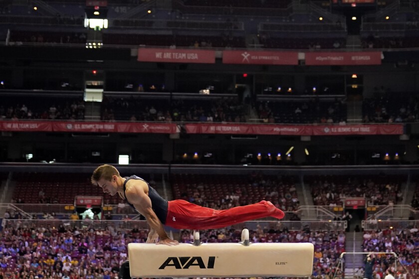 Sam Mikulak competes on the pommel horse during the men's U.S. Olympic gymnastics trials on Saturday.