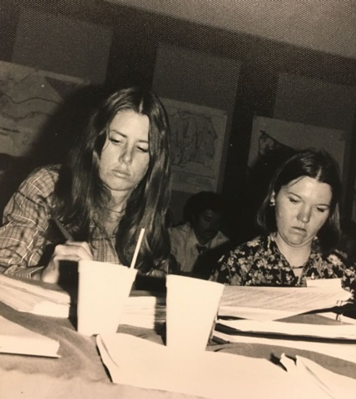 Susan Hansch, left, at a meeting in the 1970s with Charlotte Higgins, the coastal commission's press officer at the time.