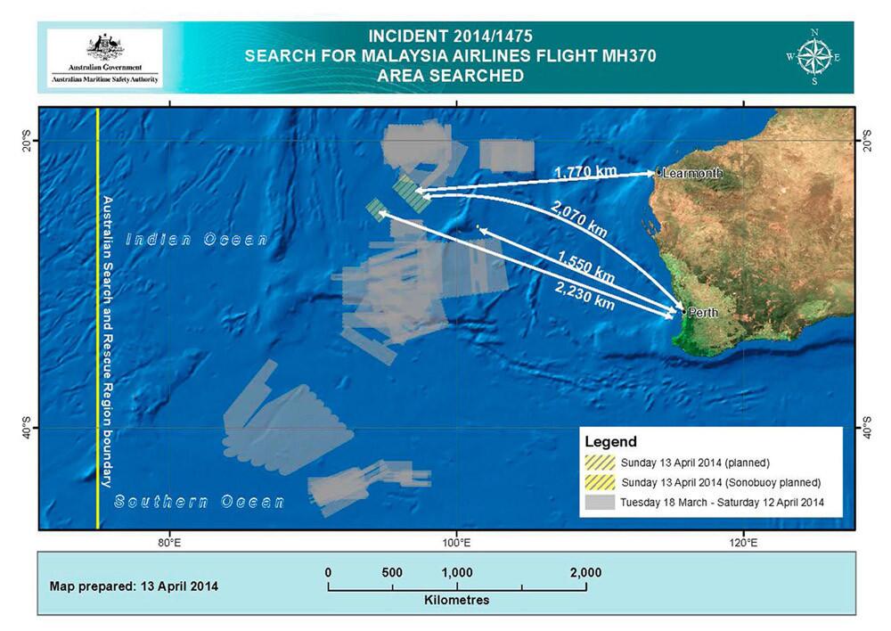 A handout image released by the Australian Maritime Safety Authority in Canberra, Australia, on April 13 shows the current and past planned search areas in the Indian Ocean for the wreckage of Flight MH370.