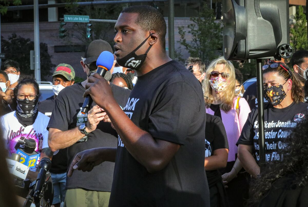 Mondaire Jones addresses a Black Lives Matter rally in White Plains, N.Y., in July. 