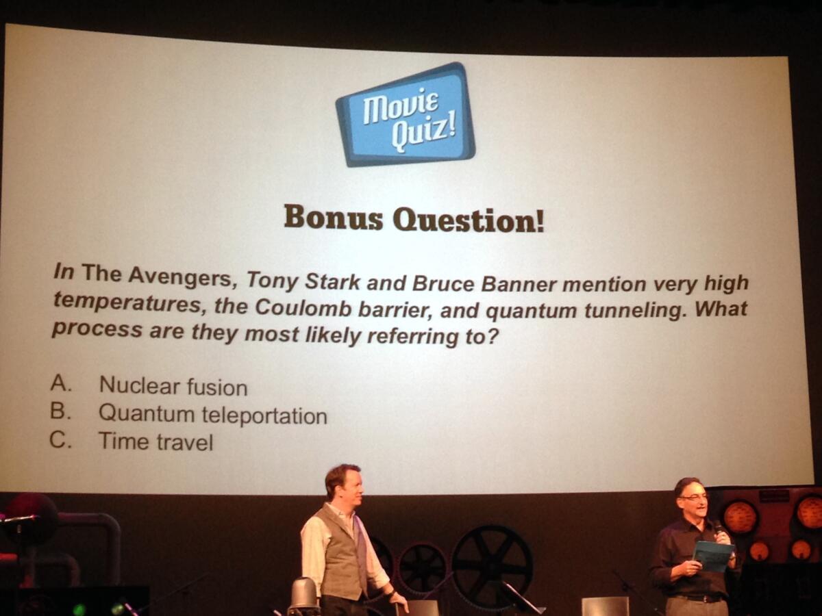 "Science Friday" host Ira Flatow, right, and Caltech physicist Sean Carroll conduct the radio show's first-ever movie quiz. (The correct answer is A.)