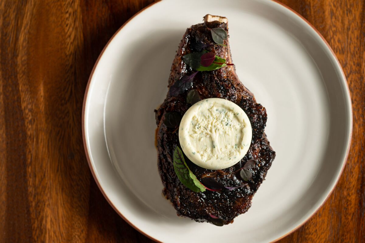 A Flannery Beef dry-aged rib eye steak at Ember & Rye, the new vintage steakhouse at the Park Hyatt Aviara.