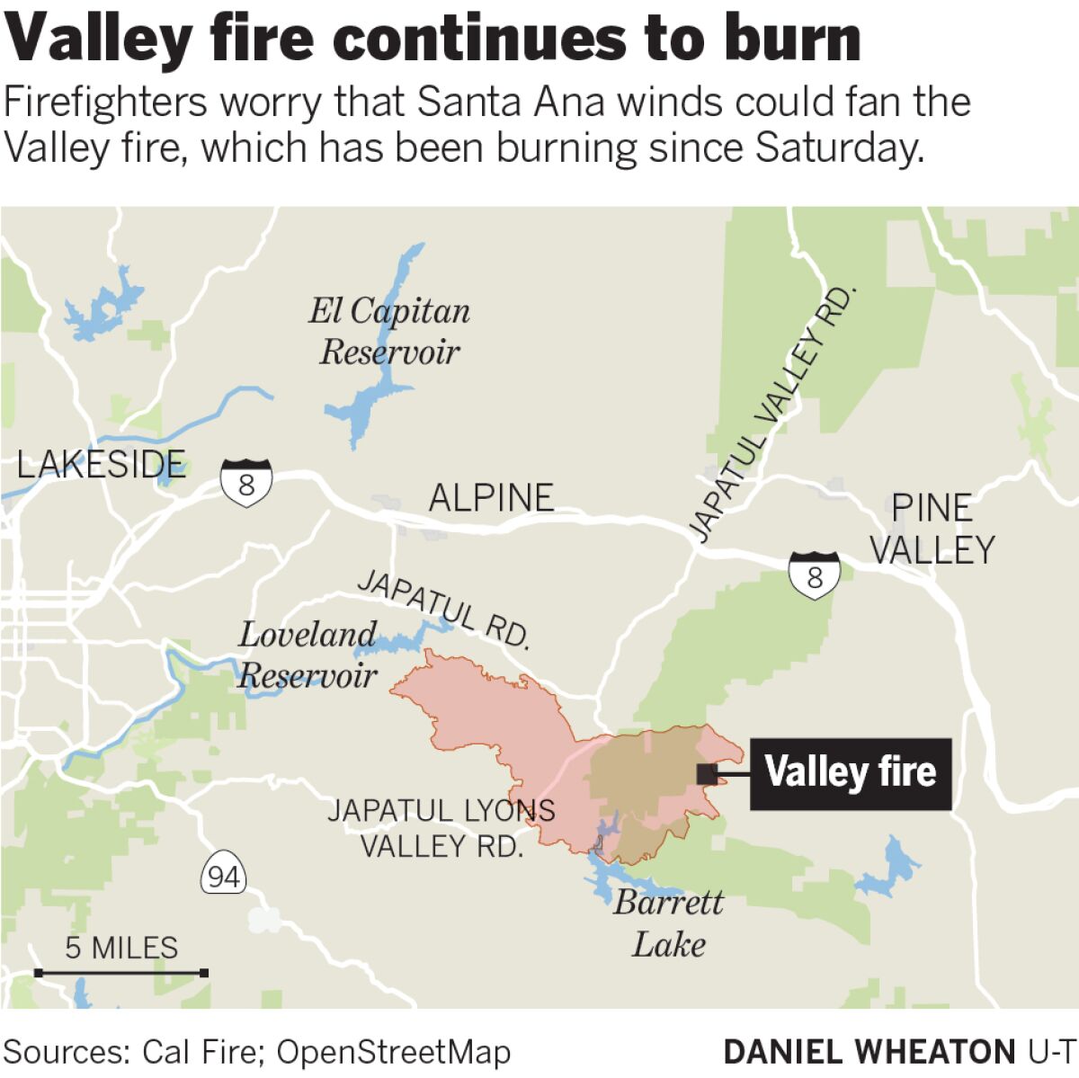Valley fire map as of Tuesday morning