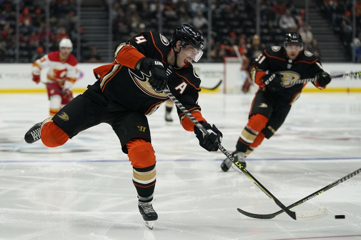 Ducks center Adam Henrique shoots during the second period against the Calgary Flames.