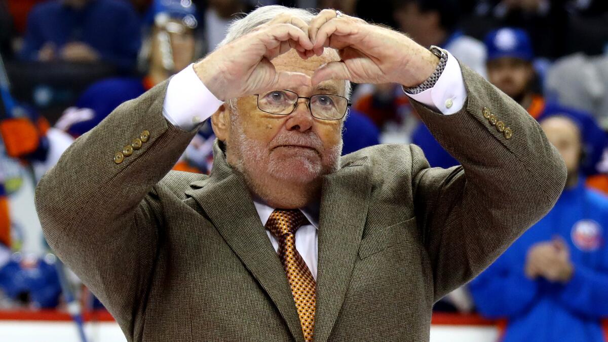 Ken 'Jiggs' McDonald is honored by the New York Islanders before a game with the Florida Panthers at the Barclays Center on Jan. 11.