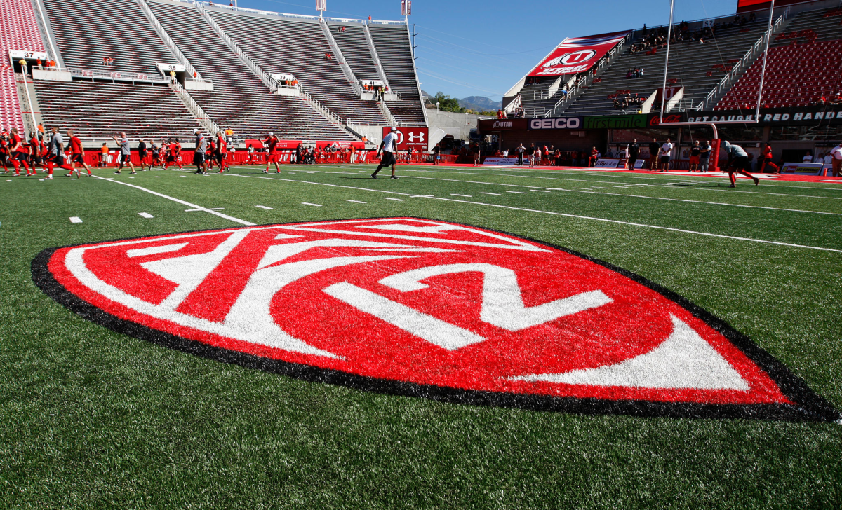 The Pac-12 logo in Rice Eccles Stadium before a game between Utah and BYU.
