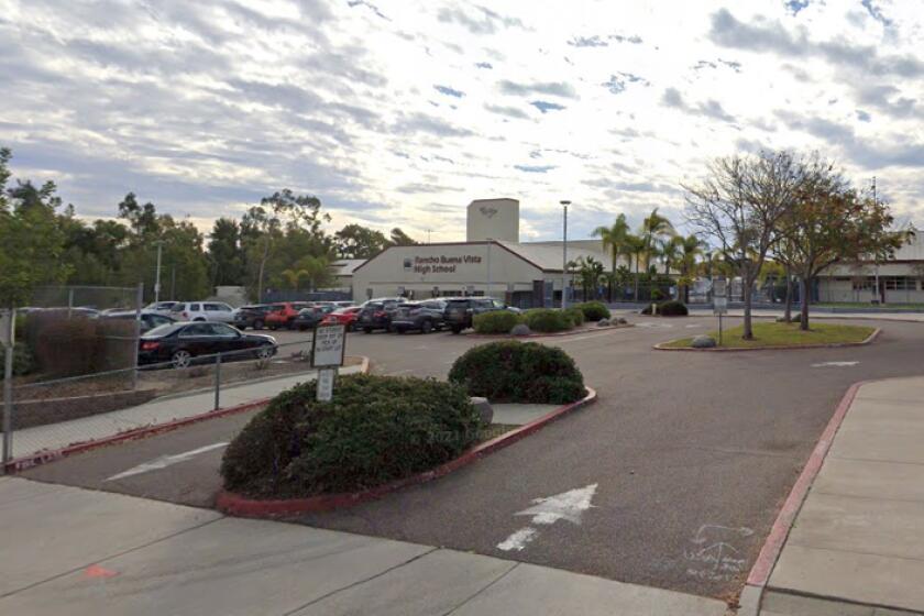 Google street view of Rancho Buena Vista High School. The San Diego County Sheriff’s Department announced the arrest of 52-year-old Alma Cacho on Thursday. Calcho, a longtime staff member of Vista Unified School District, is accused of making the anonymous threat that prompted the school to be placed on a “secure campus” status.
