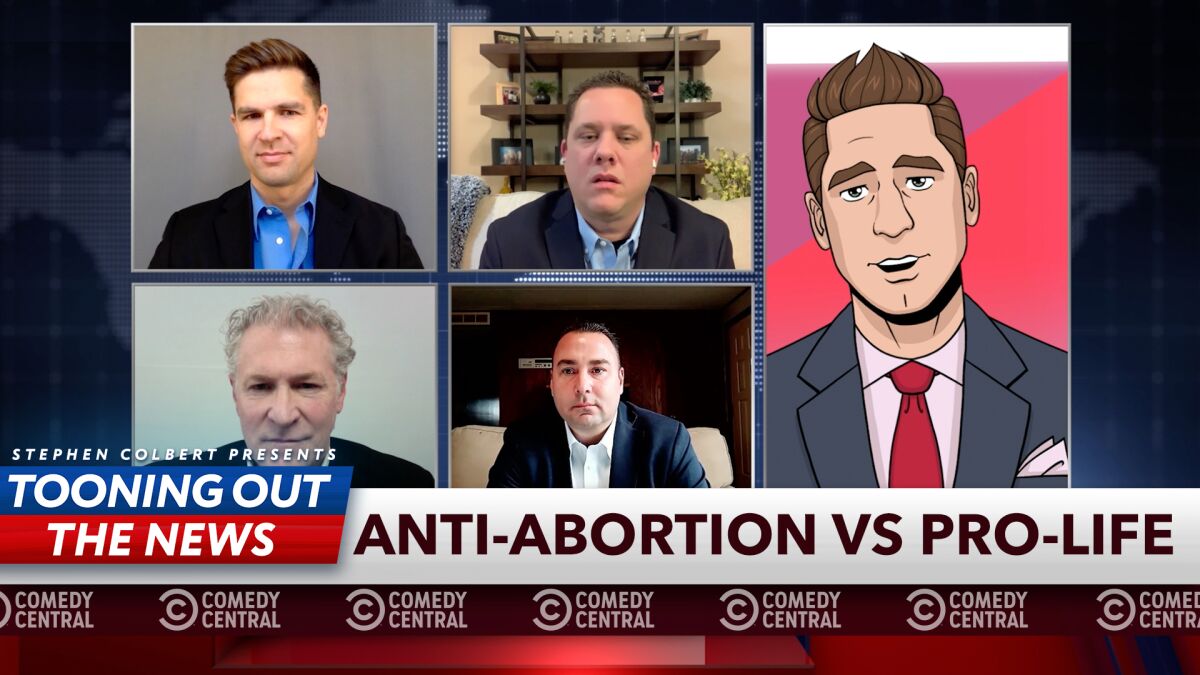tv screen with one animated man in a window at right and four windows with real men at left