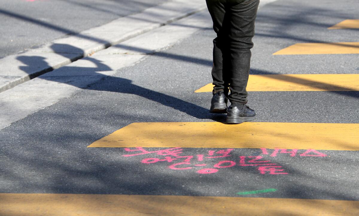 Markings for bump-outs are shown at Washington Elementary School on North Lincoln Street and Winona Avenue that are also being build at other local schools, as part of a program called Safe Routes to School, that will channel traffic better.