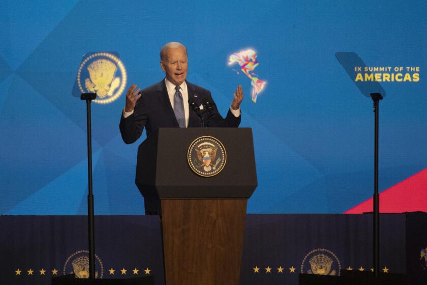 Los Angeles, CA - June 08: U.S.President Joe Biden speaks during the Inaugural Ceremony of the the Summit of the Americas at the Microsoft Theater in , Los Angeles, CA on Wednesday, June 8, 2022. (Allen J. Schaben / Los Angeles Times)
