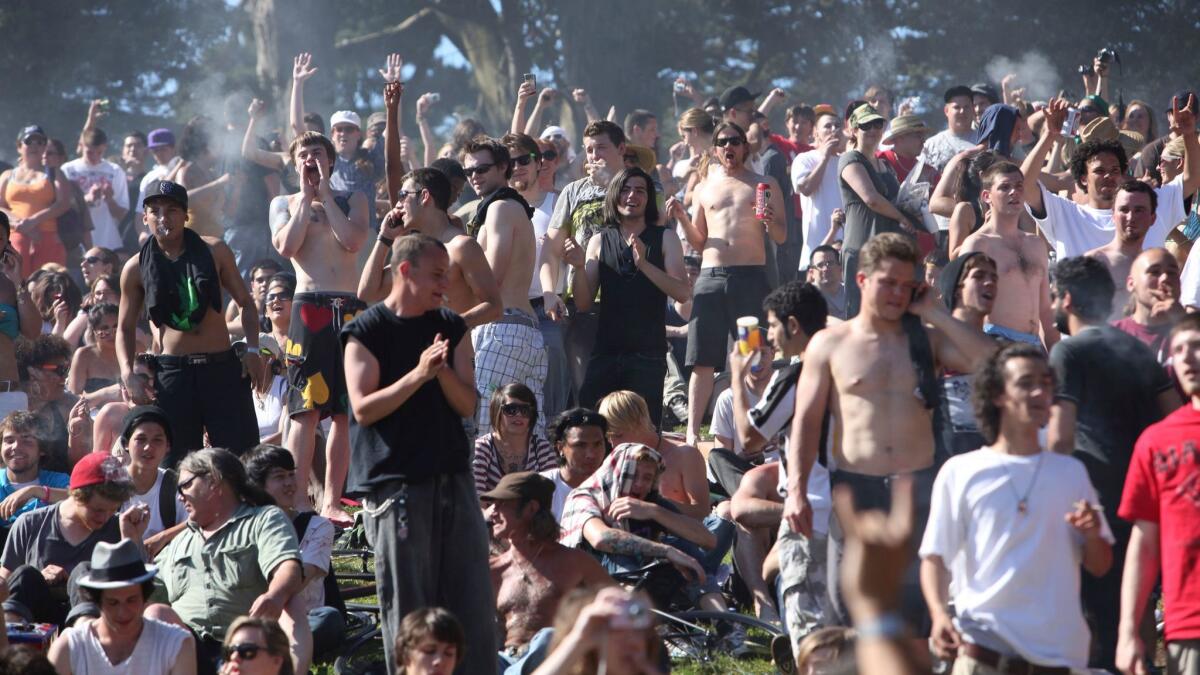 A crowd cheers April 20, 2009, at 4:20 p.m. in Golden Gate Park.