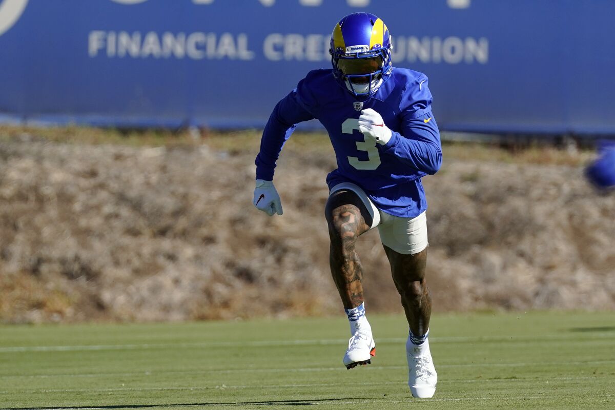 Los Angeles Rams wide receiver Odell Beckham Jr. runs a pass route during NFL football practice.